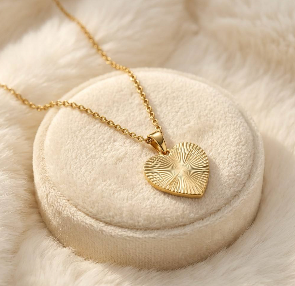 Gold-Plated Sunburst Textured Heart Pendant Necklace