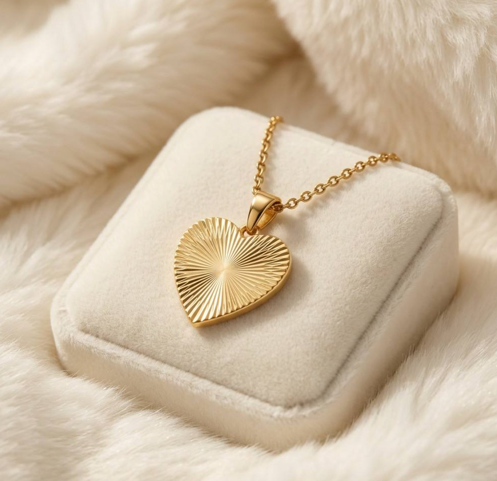 Gold-Plated Sunburst Textured Heart Pendant Necklace